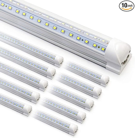10-Pack 8ft LED Shop Light Fixture - 90W T8 Integrated LED Tube Light - 6500K 12000LM V-Shape Linkable - High Output - Clear Cover - Plug and Play - 270 Degree Lighting for Garage, Shop, Barn