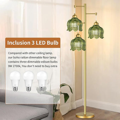 Gold Floor Lamp for Living Room,Bedroom,Mid Century Modern Standing Lamp Brass Tree 3 Light Tall Floor Lamps Vintage Retro Floor Lights Glass Green Flower Lamp Shade Farmhouse Boho Bohemian