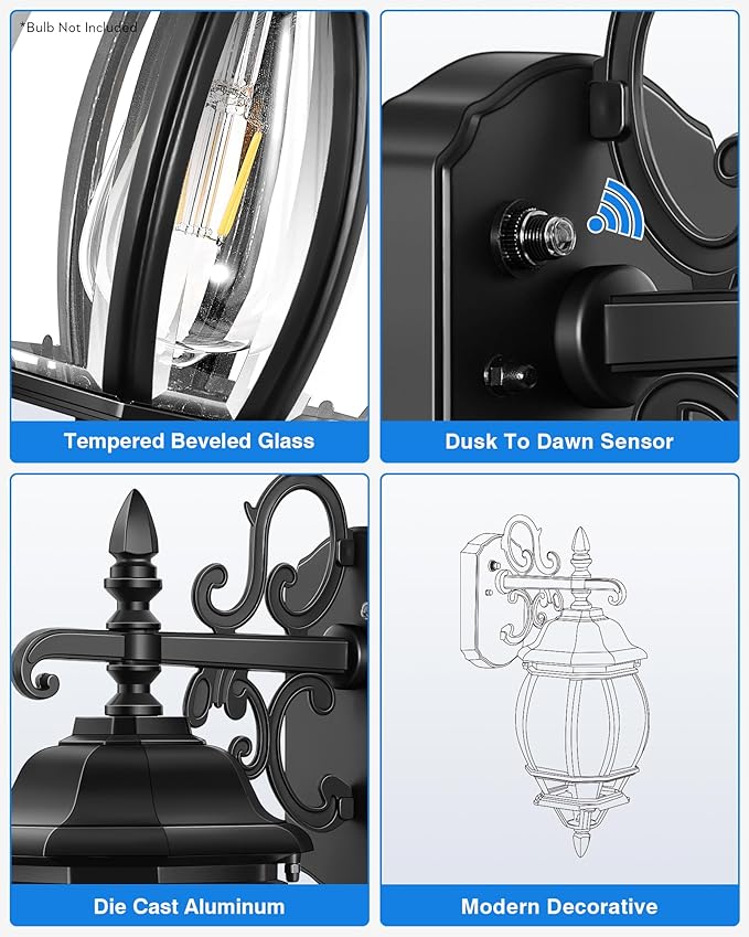 VIANIS Exterior Lighting Fixtures for House, Black Dusk to Dawn Front Porch Light Wall Mount with Tempered Bevel Glass, 100% Aluminum Waterproof Outdoor Wall Sconce Lantern for Garage Patio, Anti-Rust
