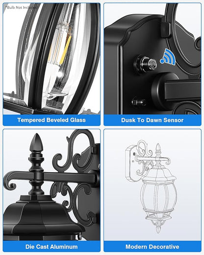 VIANIS Exterior Lighting Fixtures for House, Black Dusk to Dawn Front Porch Light Wall Mount with Tempered Bevel Glass, 100% Aluminum Waterproof Outdoor Wall Sconce Lantern for Garage Patio, Anti-Rust