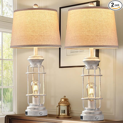 28" Farmhouse Table Lamp Set of 2 with USB Charging Ports, Tall Table Lamp for Living Room,3-Way Dimmable Lamps for Bedroom, Rustic Bedside Lamp, Industrial Nightstand Lamps,Bulbs Included