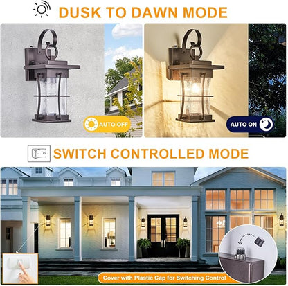 2 Pk Oil Rubbed Bronze Outdoor Sconces Light with Dusk to Dawn Sensor Photocell Exterior Porch Lanterns Outside Wall Lamps Waterproof Brown Metal with Seeded Glass Coach Light Fixtures for House