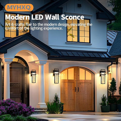 15'' Outdoor Wall Lights 2 Packs, 3000K Integrated LED Outdoor Sconce, Modern Exterior Lighting Fixtures with Rippled Glass, Waterproof Porch Light Outside Lights for House Garage Patio, Black