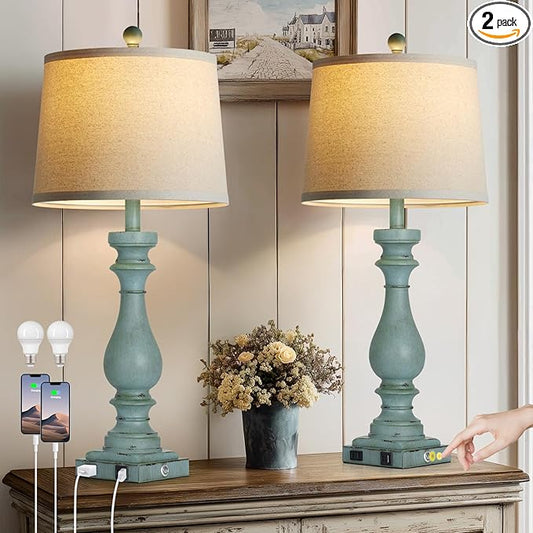 29" Tall Coastal Table Lamps Set of 2,Retro Blue Bedside Lamps with USB C+A Ports & AC Outlet,3-Way Dimmable Touch Lamp for Night Stands Living Room Bedroom,Blue