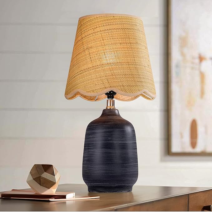 19" Boho Ceramic Table Lamp, Handmade Ceramic Base with Rattan Shade, Farmhouse Plug-in Bedside Nightstand Lamps for Bedroom, Living Room, E26 Socket, Black with White Striped