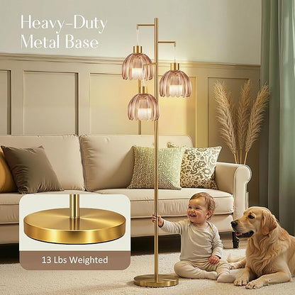 COTTHOS Floor Lamp for Living Room, Modern Standing Lamp Brass Glass Green Tree 3 Light Tall Floor Lamps for Bedroom & 800 Lumens LED Bulbs, Vintage Boho Flower Lamp Shade Farmhouse Boho Bohemian Gold