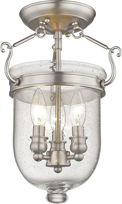 Livex Lighting 5081-91 Jefferson 3 Light Brushed Nickel Bell Jar Semi Flush with Seeded Glass