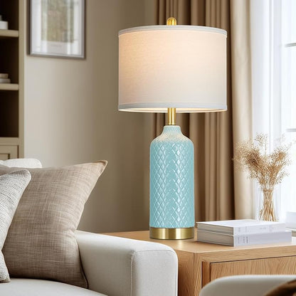 26“ Aqua Blue Ceramic Lamp Single, Coastal Table Lamps for Living Room End Table, Modern Bedside Lamp for Nightstand, Elegant Farmhouse Bedroom Lamps for Desk Side Home Decor(Bulb Included)