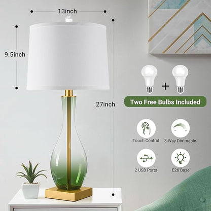 3-Way Dimmable Modern Glass table lamp for Living Room, Green Table Lamps Set of 2 with Touch Control, USB C and A Charging Ports, 27" Bedside Desk Lamps for Nightstand Decorations(LED Bulbs Included)