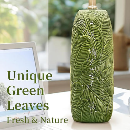 25” Green Lamps Set of 2 with Leaves Design for Living Room, Bedroom, Retro Ceramic Table Lamps for Nightstand Set of 2