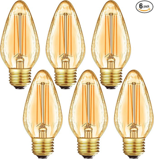 Leools F15 8W Led Porch Light Bulb Outdoor, E26 Medium Base LED Post Bulb for 75W Incandescent Equivalent,Dimmable 2700K Warm White Flame Wrinkle Amber Glass, for Ceiling Fan and Lantern Lamp, 6-Pack