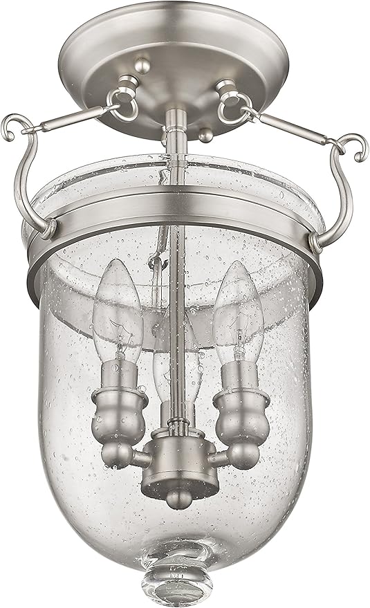 Livex Lighting 5081-91 Jefferson 3 Light Brushed Nickel Bell Jar Semi Flush with Seeded Glass