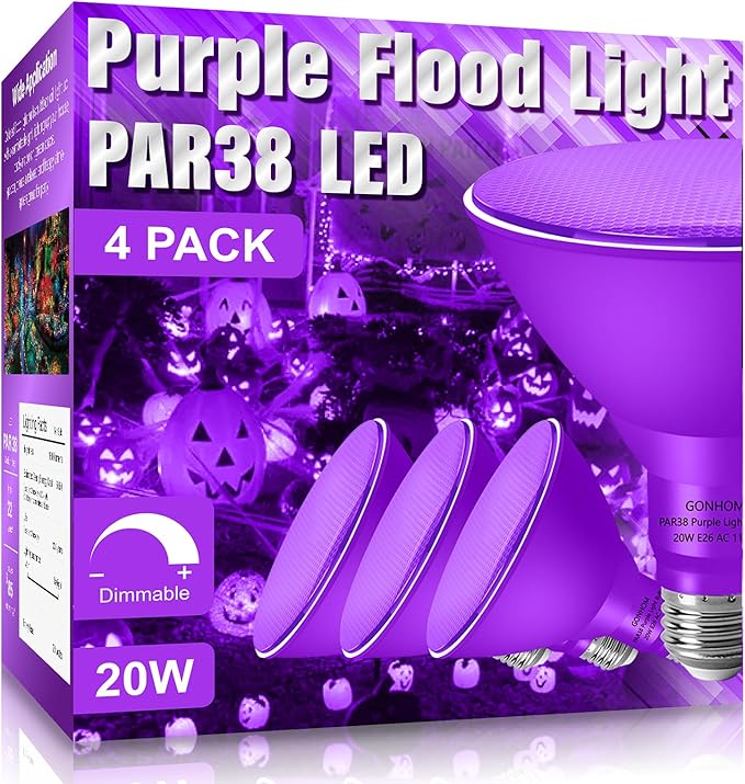 PAR38 Flood Lights Outdoor,Dimmable LED Flood Light Bulbs,20W(Equivalent to 200W),E26 Base,Outdoor Porch,Holiday Lighting,LED Flood Light Bulb for Halloween,Christmas,4 Pack Purple