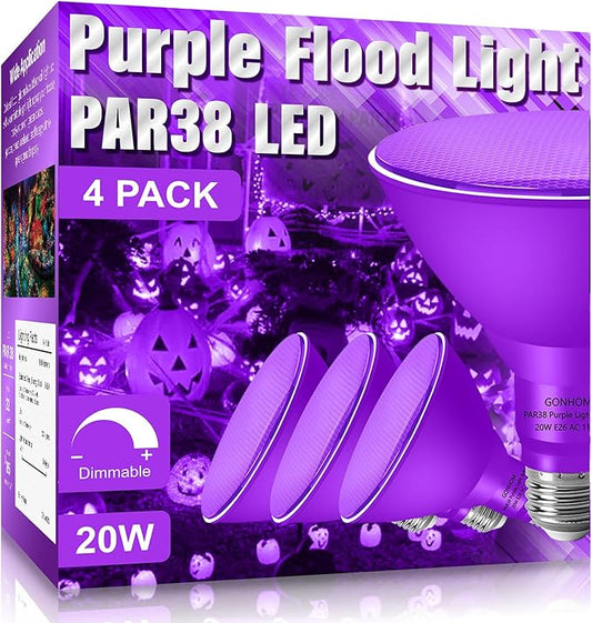 PAR38 Flood Lights Outdoor,Dimmable LED Flood Light Bulbs,20W(Equivalent to 200W),E26 Base,Outdoor Porch,Holiday Lighting,LED Flood Light Bulb for Halloween,Christmas,4 Pack Purple