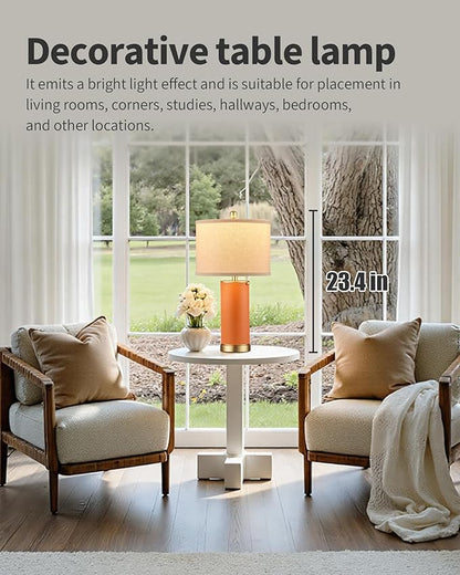 KDG 23.4" Orange PU Leather Table Lamps for Living Room Set of 2, 3 Level Brightness LED Modern Home Decor Fabric Lampshade Desk Lamp Lighitng for Bedroom, Bedside, Farmhouse, Nightstand, Night Light