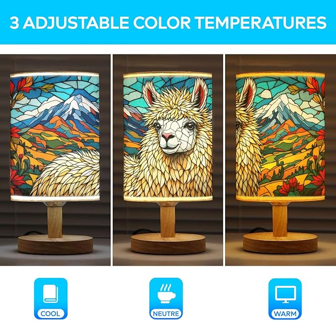 Llama Table Lamp LED 3-Color Pressed Bedside, Llama Shade Lamp with Wood Base for Bedroom Living Room Desk Office TL01