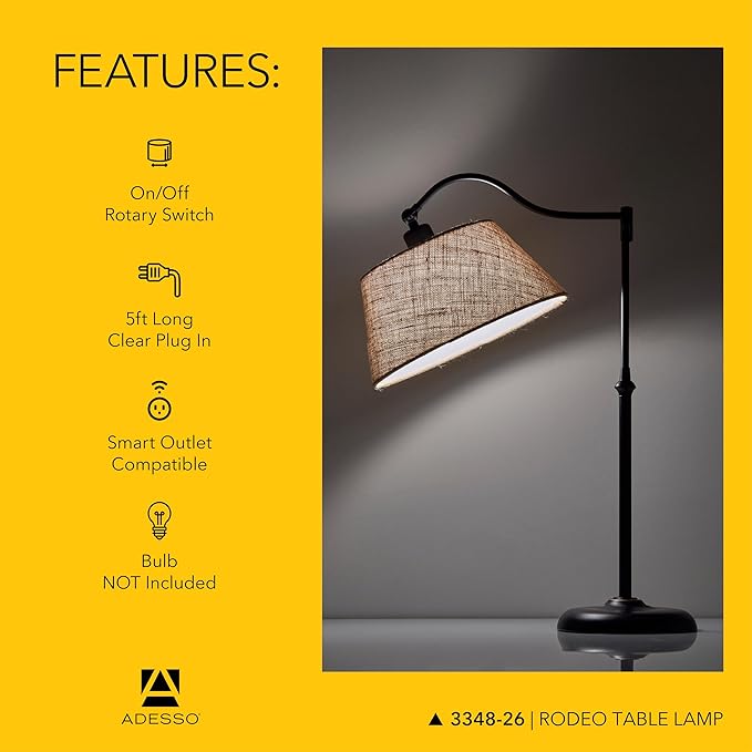 Adesso Rodeo Table Lamp with 180 Degree Adjustable Arm and Shade, Antique Bronze and Burlap, 27” Height, Versatile Bedside Table or Desk Lamp