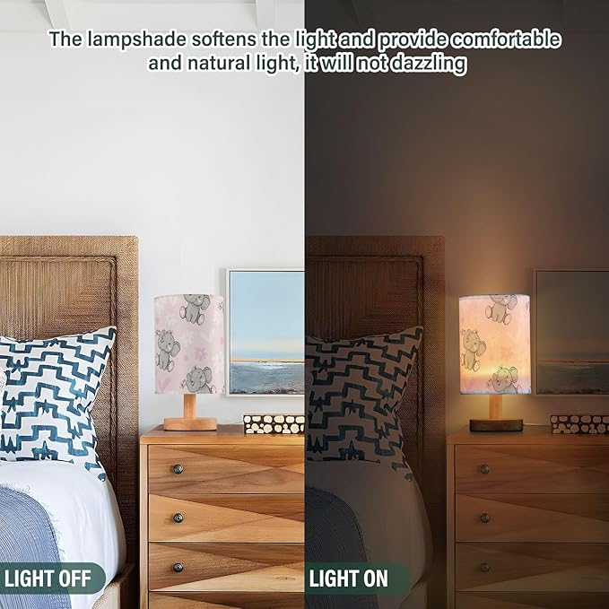 Bedside Lamp Cute Elephant Pink Flower Table Lamp for Bedroom LED Nightstand Lamp Shade USB Ports Wood Base for Living Room Dorm Office