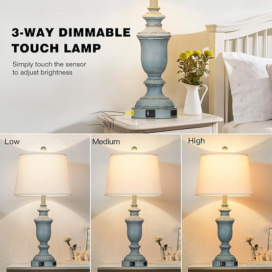25.6" Blue Table Lamps Set of 2 with USB C+A Ports & AC Outlet for Coastal Living Room Bedroom,3-Way Dimmable Farmhouse Touch Lamp Bedside Lamps for Nightstand,Retro Blue