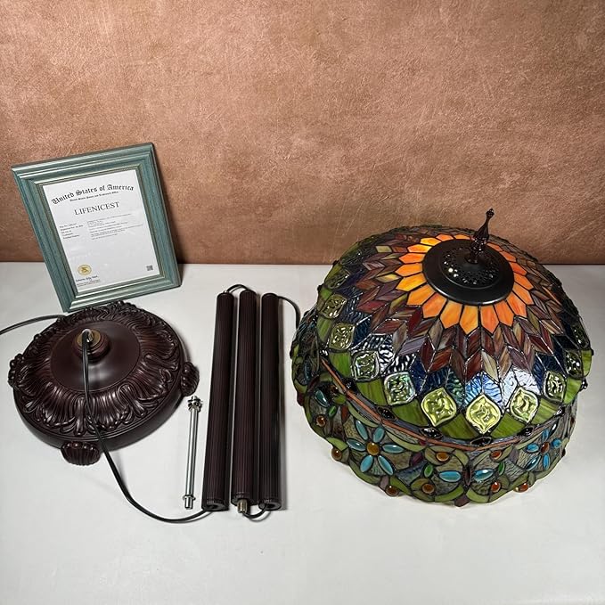 Tiffany Floor Lamp with Bead Jewel Glass Vintage Standing Lamp with Pull Chain Traditional Stained Glass Floor Reading Light for Living Room Bedroom Farmhouse - Handmade Art Glass Shade