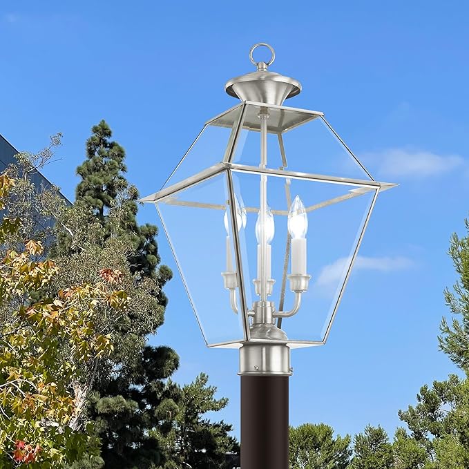 Livex Lighting Lantern 2384-91 Transitional Three Light Post-Top Lanterm from Westover Collection in Pwt, Nckl, B/S, Slvr. Finish, 12.00 inches, 21.5x12.00x12.00, Brushed Nickel