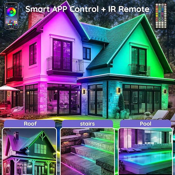 50ft Outdoor LED Strip Lights Waterproof,IP68 Outside Led Light Strips Waterproof with App and Remote,Music Sync RGB Exterior Led Rope Lights with Self Adhesive Back for Roof,Deck