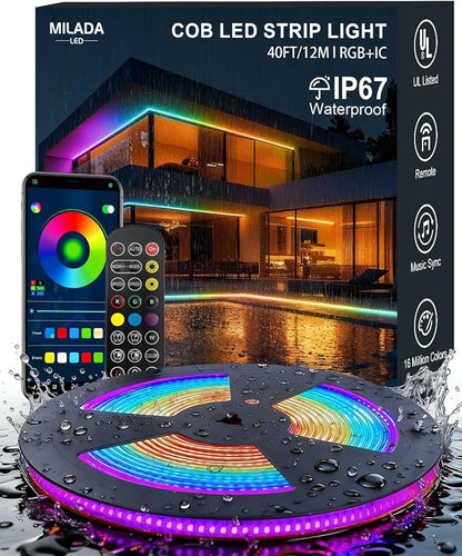 COB LED Strip Lights, RGB Smart IC, IP67 Waterproof, Dimmable 40FT/12M, Color Flowing Tape Light with App Control & Music Sync, Dotless LED Light for Outdoor, Patio, christmas & Party Decorations