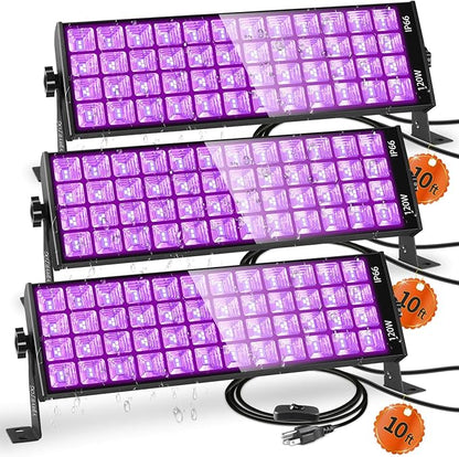 120W LED Black Light Bar, 10FT Cord & Switch, Aluminum Shell, YIAYETOG IP66 Waterproof Black Lights for Large Space, Glow Party, Halloween, Body Paint, Yard, 3 Pack