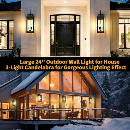 24Inch Extra Large Outdoor Wall Light 3-Light, Waterproof Black Exterior Lighting Fixtures Outdoor Porch Lighting Wall Mount, Modern Exterior Wall Sconce Outside Coach Light for Garage House, 1Pack