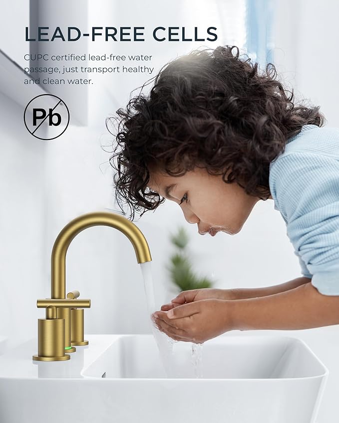 FORIOUS LED Bathroom Faucet Gold, 3 Hole Bathroom Faucet Brushed Gold Widespread with 3 Color Changing Light, Metal Pop Up Drain, CUPC Supply Hose and 360° Swivel Spout, 3 Pieces Wide LED Tap