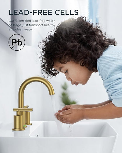 FORIOUS LED Bathroom Faucet Gold, 3 Hole Bathroom Faucet Brushed Gold Widespread with 3 Color Changing Light, Metal Pop Up Drain, CUPC Supply Hose and 360° Swivel Spout, 3 Pieces Wide LED Tap