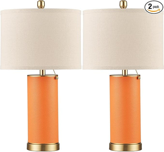KDG 23.4" Orange PU Leather Table Lamps for Living Room Set of 2, 3 Level Brightness LED Modern Home Decor Fabric Lampshade Desk Lamp Lighitng for Bedroom, Bedside, Farmhouse, Nightstand, Night Light