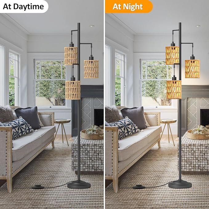 3 Lights Rattan Floor Lamps with ON/Off Foot Switch Tree Standing Lamp with Wood Rattan Lampshades Boho Floor Lamp Tall Pole Lamp for Living Room Bedroom Office, 3 PCS 6W Bulbs Included