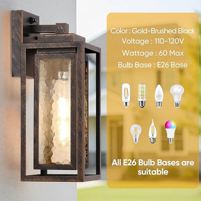 Dusk to Dawn Outdoor Wall Lantern, Water Ripple Exterior Porch Light Fixture Black Gold, 2 Pack Sensor Outside Lantern Lamp, Porch Mount Lamp for Doorway, Waterproof Wall Sconce Light (Bulb Included)