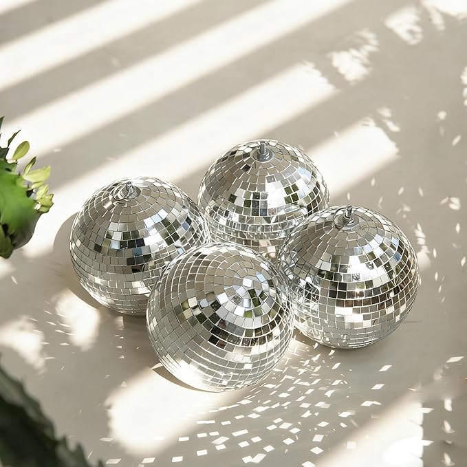 Yescom 4PCS 7" Mirror Disco Ball Set Small Hanging for 70s 80s Party Events Wedding DJ Dance Club Bar Stage Lighting Holiday Business Home Decor Silver