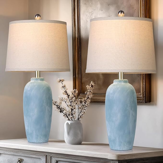 25“ Jar Table Lamps Set of 2, Ceramic Bedside Lamps for Bedroom, Beige Farmhouse Nightstand Lamps for Living Room