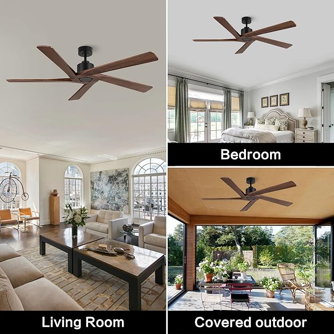 WINGBO 72" DC Ceiling Fan No Light with 3 Downrods, 5 Carved Solid Wood Blades, 6-Speed Reversible DC Motor, Large Ceiling Fan without Lights in Matte Black Finish with Walnut Blades