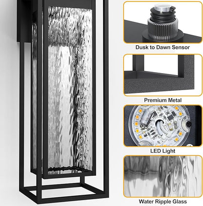 𝟐𝟑𝐈𝐍𝐂𝐇 Extra Large Dusk to Dawn LED Outdoor Light, Black Front Door Light, Rippled Glass Wall Sconce Waterproof Exterior Lighting Fixtures, Outdoor Lights for House Garage Patio