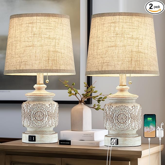 19.5" Farmhouse Vintage Table Lamps for Living Room Set of 2 Traditional Rustic Bedside Lamps for Bedrooms Nightstand with USB Ports Carved Floral Night Light Lamp for Office Decor,Pull Chain