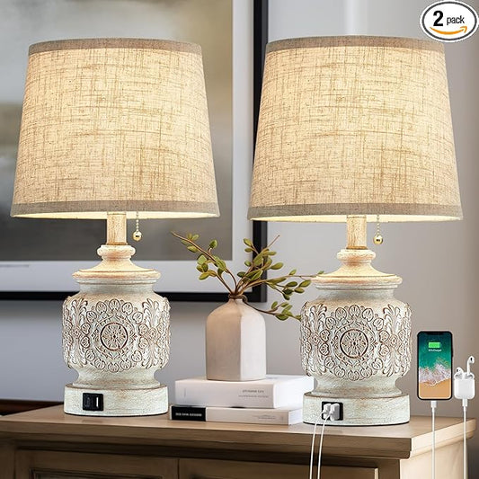19.5" Farmhouse Vintage Table Lamps for Living Room Set of 2 Traditional Rustic Bedside Lamps for Bedrooms Nightstand with USB Ports Carved Floral Night Light Lamp for Office Decor,Pull Chain