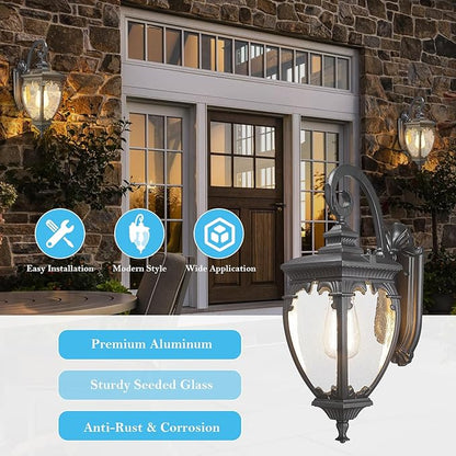 Outdoor Wall Light Fixtures, 18.7 Inch Exterior Wall Lantern Waterproof Sconce, Porch Lights with seeded Glass Shade, Outside Exterior Lights Fixtures for Patio Garage. (Bulbs Not Included)