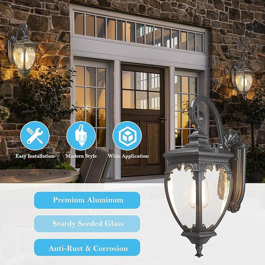 Outdoor Wall Light Fixtures, 18.7 Inch Exterior Wall Lantern Waterproof Sconce, Porch Lights with seeded Glass Shade, Outside Exterior Lights Fixtures for Patio Garage. (Bulbs Not Included)