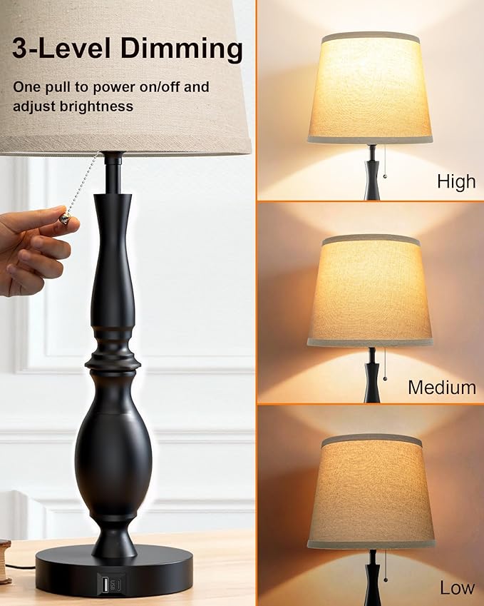 EppieBasic Farmhouse Lamps for Living Room Set of 2: Rustic Lamp 22'' for Night Stands, Vintage Table Lamp with USB C+A Charging Ports, Bedroom Lamps with Round Fabric Linen Lampshade, 3-Way Dimmable