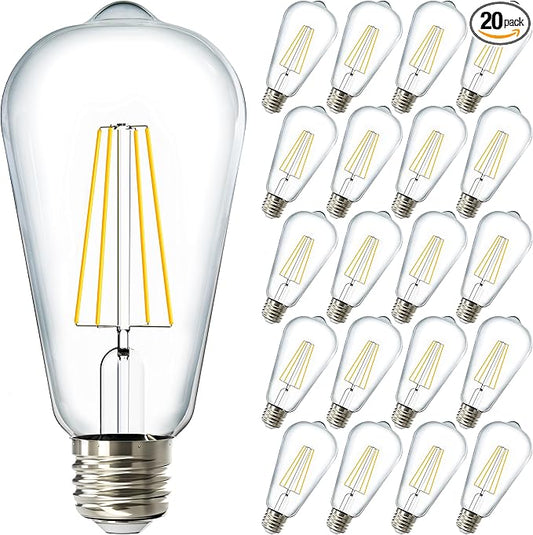 Sunco 20 Pack Edison Bulbs LED ST64, Clear Vintage Filament Waterproof Bulb, 800 LM, 8W (60W Equivalent), ST19, 6000K Daylight Deluxe, E26 Medium Base, Decorative Dimmable UL