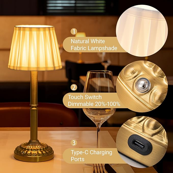 Cordless Table Lamp with Touch Control, Small LED Bedside Lamp with Pleated Shade, 3 Brightness Levels Nightstand Lamp for Bedroom, Living Room & Dorm Room