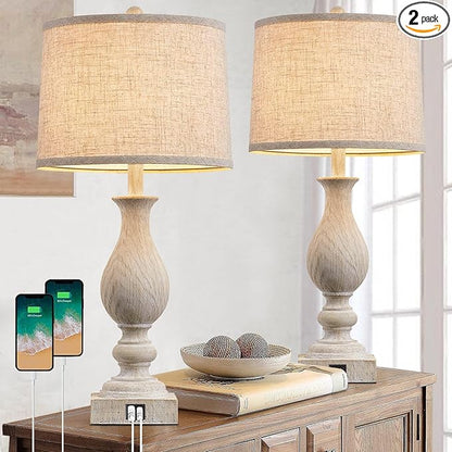 Farmhouse Table Lamp Set of 2 for Bedroom Living Room with USB A+C, 28" Tall Vintage Rustic Traditional Nightstand Bedside Lamps Retro Side Table Lamps, Rotary Switch, Washed White, Bulb not included
