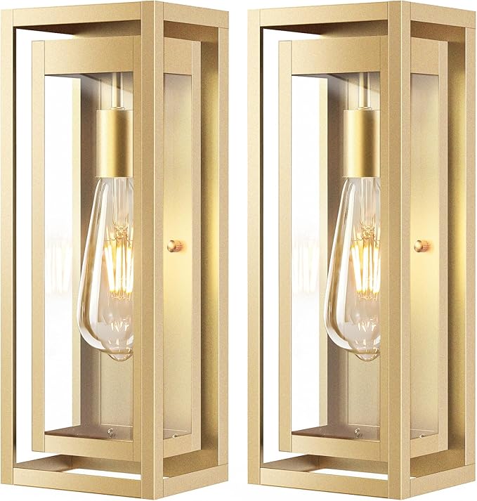 15" Large Gold Outdoor Light Fixture Wall Mount, 2 Pack Waterproof Outdoor Sconces, Modern Wall Lights with Clear Glass Shade for Front Door, Porch, Garage