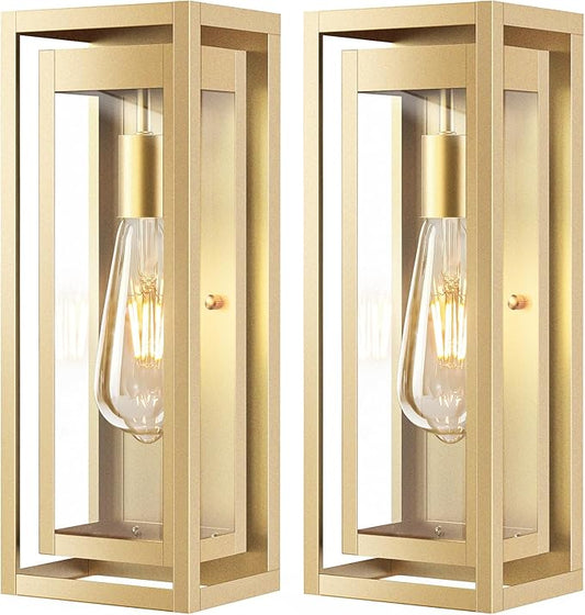 15" Large Gold Outdoor Light Fixture Wall Mount, 2 Pack Waterproof Outdoor Sconces, Modern Wall Lights with Clear Glass Shade for Front Door, Porch, Garage