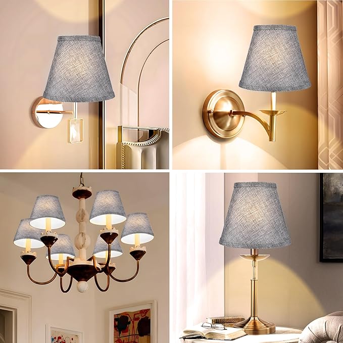ALUCSET Double Mesh Small Lamp Shade Clip On Bulb Set of 2 for Candelabra Bulbs, Barrel Fabric Lampshade for Table Chandelier Wall Lamp 4x7x6 Inch, 2 PCS Pack (Grey)