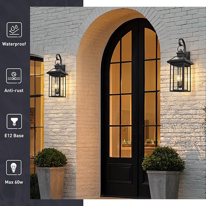 zeyu Medium Outside Wall Light Fixture, 25.2'' Industrial Porch Wall Light for Garage in Black Finish, Die-Cast Aluminum with Seeded Glass Shade, ZW114BM BK
